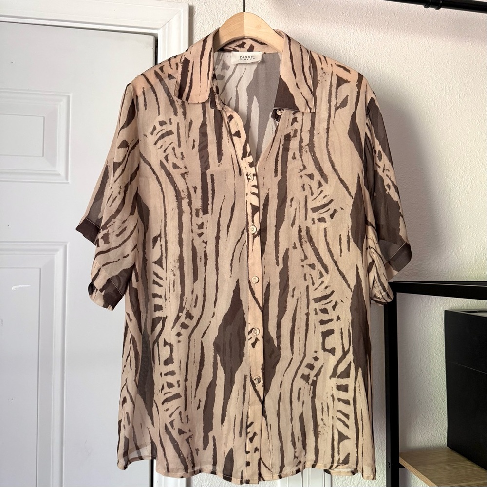 DISSH tan brown sheer printed viscose boxy short sleeve button up shirt
